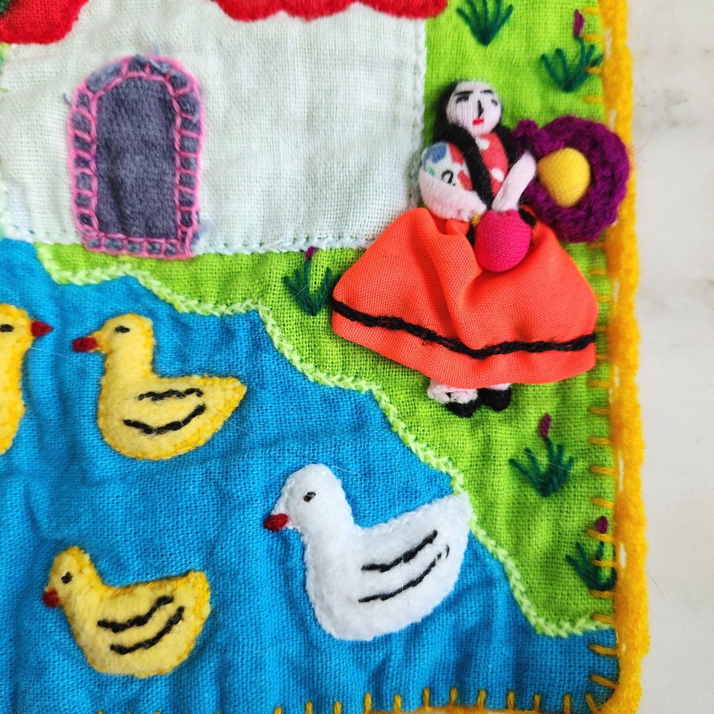 Peruvian Folk Art Tapestry Embroidered Orange Tree Wall Hanging Landscape - Picture 4 of 7